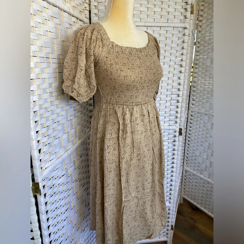 NWT Hem & Thread Taupe Floral Off Shoulder Puff Sleeve MIDI Dress size S - Picture 8 of 15